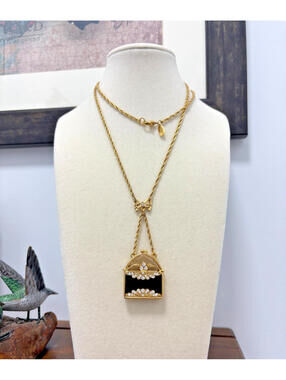 1928 Brand Gold Tone Black Enamel Rhinestone Purse Locket Pendant Necklace 28"